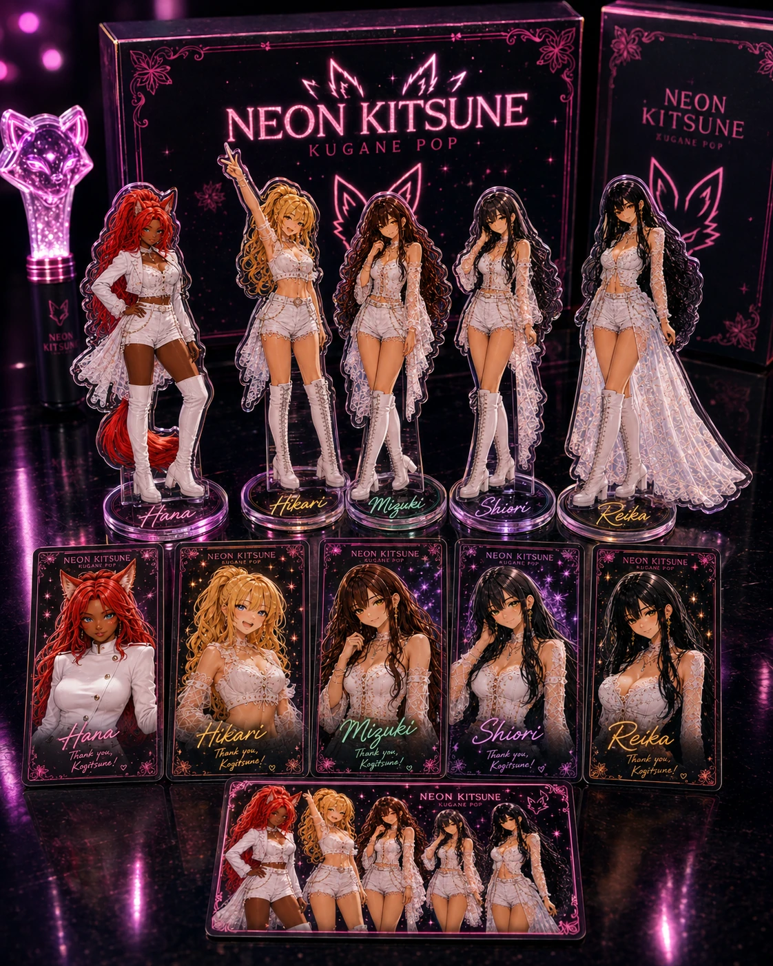 Neon-Kitsune-Acrylaufsteller und Fotokarten