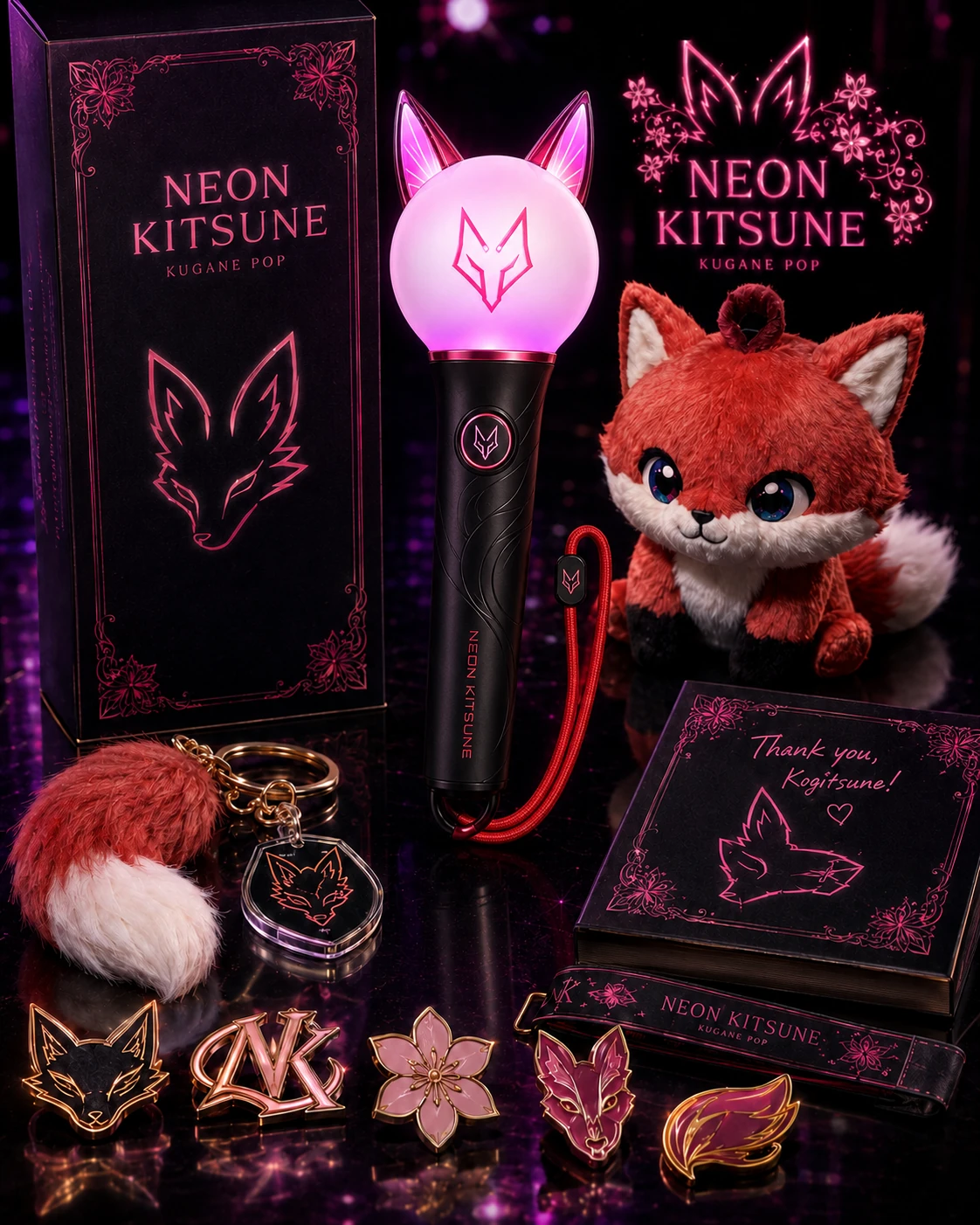 Neon-Kitsune-Lightstick-Set und Zubehör
